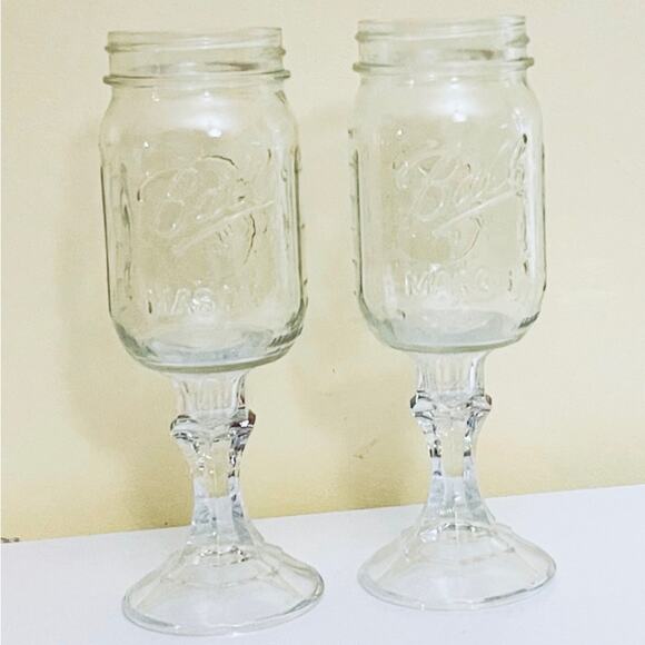 2 Country Mason Jar Wine Glasses Iced Tea Cocktail Glass Water Goblet - Picture 2 of 5